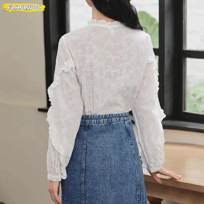 Cralom Embroidery Tops: 2025 New Sweet Long Sleeve Women's Cotton Shirt