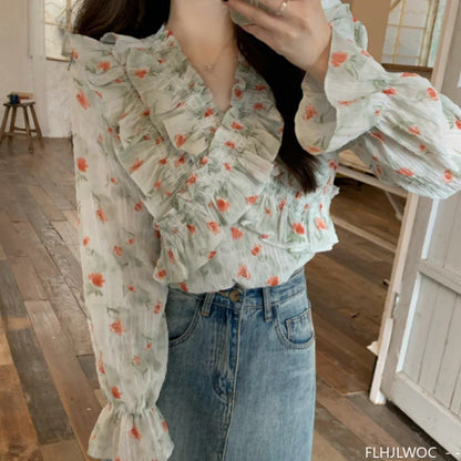 Cralom Floral Print Ruffles Top for Women - Retro Vintage Style