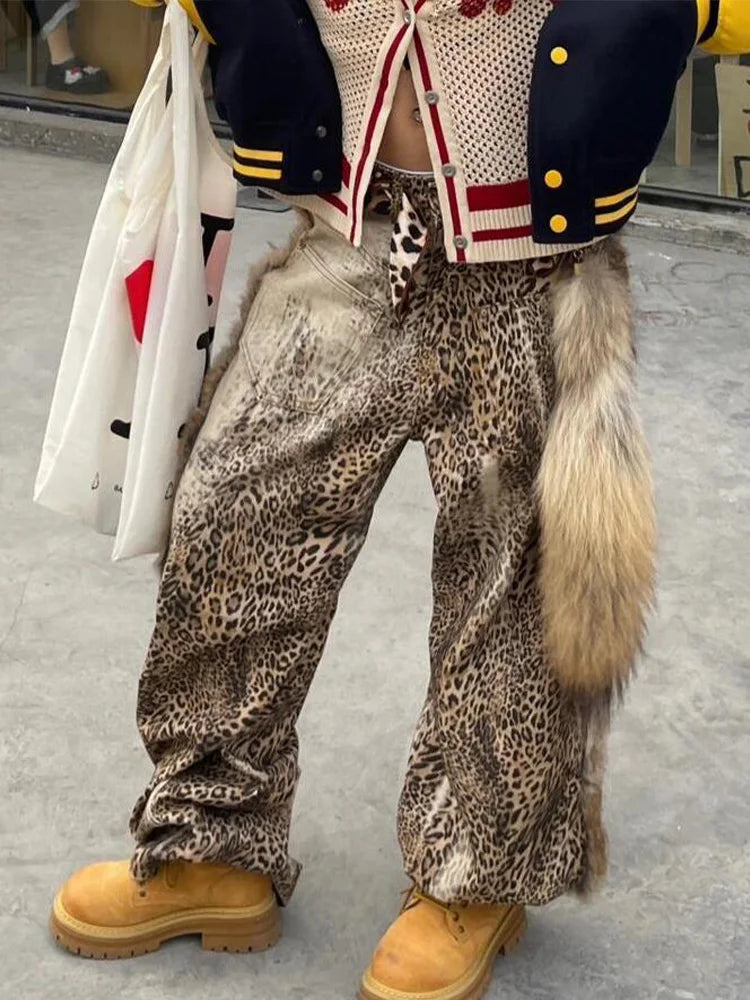Cralom Vintage Leopard Wide Leg Jeans - Y2K Fashion Streetwear