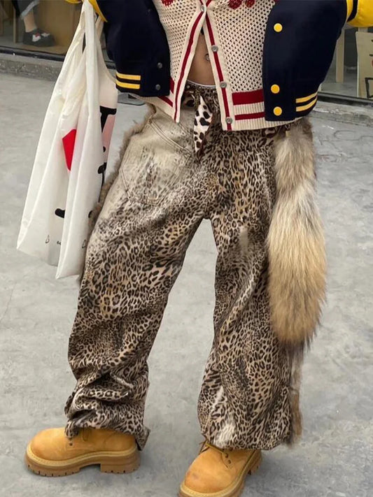 Cralom Vintage Leopard Wide Leg Jeans - Y2K Fashion Streetwear
