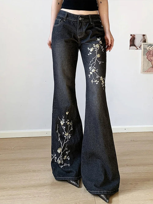 Cralom Vintage Embroidery Flare Jeans - High Waist Slim Straight Pants