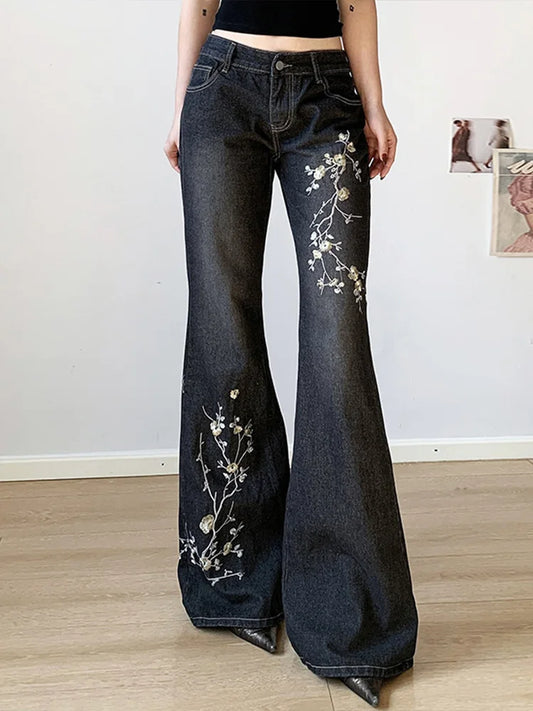 Cralom Vintage Embroidery Flare Jeans - High Waist Slim Straight Pants