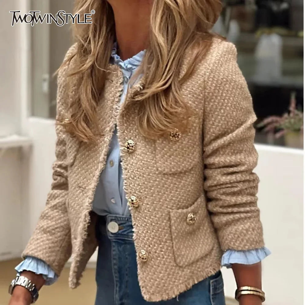 Cralom Solid Spliced Button Short Coat O Neck Long Sleeve Minimalist Women's Fashion