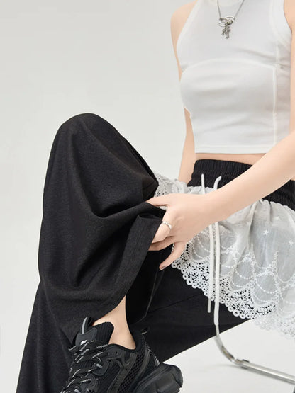 Cralom Lace Spliced Capris Loose Lace-Up Pants 2025 Spring-Summer Streetwear Fashion