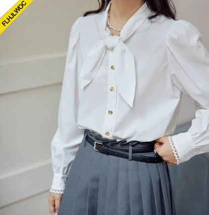 Cralom Bow Tie Blouse - Long Sleeve Preppy Style Solid Color