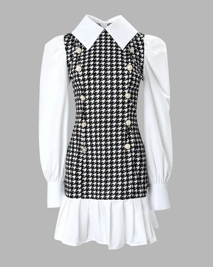 Cralom Houndstooth Button Decor Puff Sleeve Dress