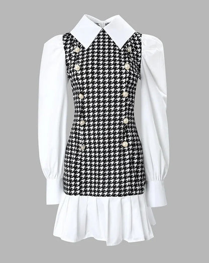Cralom Houndstooth Button Decor Puff Sleeve Dress