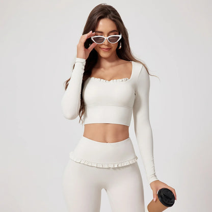 Cralom Fitness Long Sleeve Square Neck Yoga Top Gym Sportswear