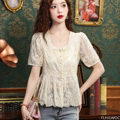 Cralom Embroidered Peplum Button Blouse | Women's Vintage Chic Slim Shirt