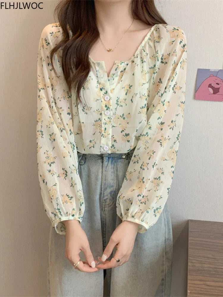 Cralom Vintage Floral Print Sheer Tops & Blouses