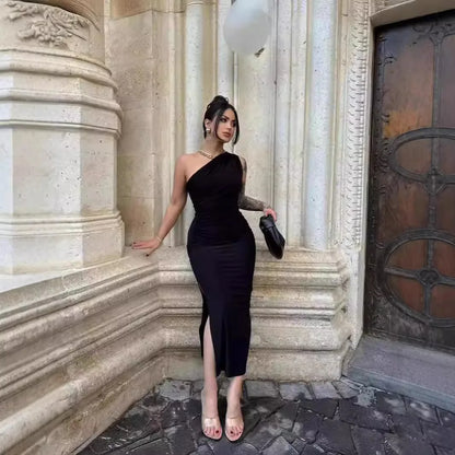 Cralom Summer Solid Color Shoulder Slit Dress