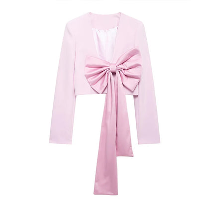 Cralom Patchwork Short Coat Deep V-Neck Long Sleeve Cropped Jacket