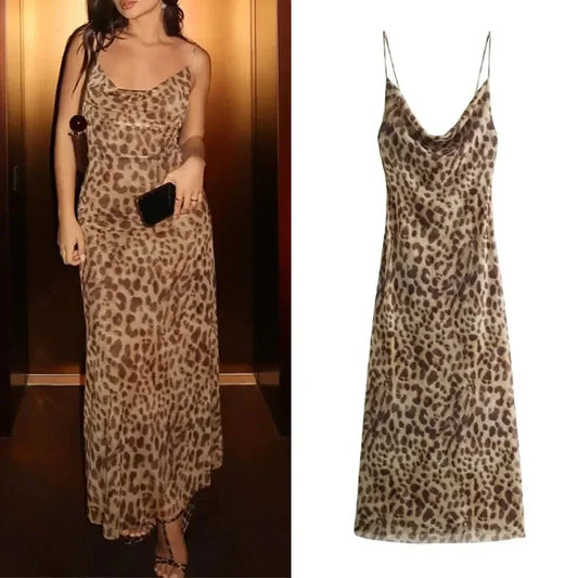 Cralom Leopard Print Tulle Backless Midi Slip Dress for Women