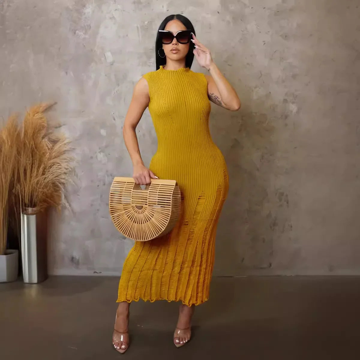 Cralom Women's Sleeveless Knitted Dress Solid Color Beach Long Skirt Summer 2024