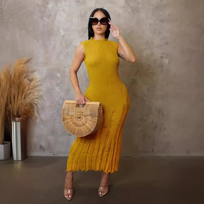 Cralom Women's Sleeveless Knitted Dress Solid Color Beach Long Skirt Summer 2024