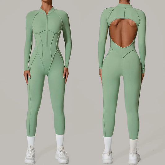 Cralom Half Zip Long Sleeve Jumpsuit Women's Fitness Yoga Bodysuit Running