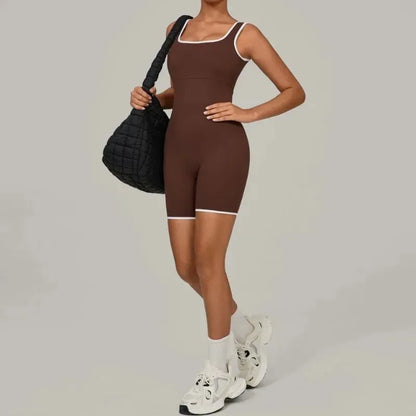 Cralom Color Block Yoga Jumpsuit: Wide Collar Backless Bodysuit for Active Women