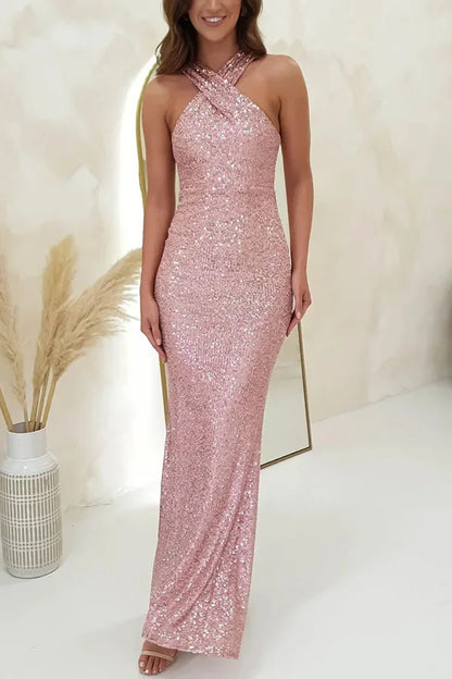Cralom Sequin Beads Halter Neck Sleeveless Dress