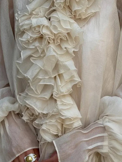 Cralom Summer Lady Suit: 3D Flower Cascading Ruffle V-Neck Shirt with Elastic Waist Shorts