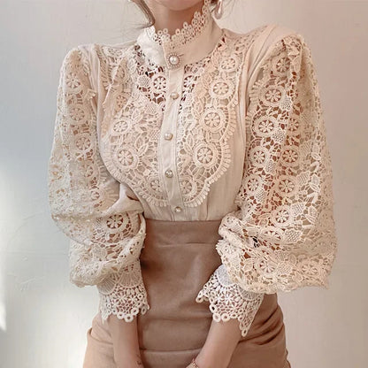 Cralom Lace Half Turtleneck Top: Elegant Office Style, Long Sleeve Blouse