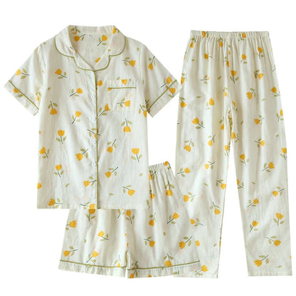 Cralom Cotton Flower Print Pajama Set: Top, Shorts, and Pants for Comfortable Summer