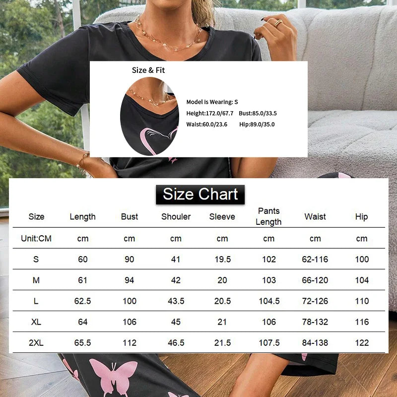 Cralom Women's Butterfly & Heart Printed Pajama Set - Soft Short Sleeve Crew Neck Tops & Elastic Waist Pants