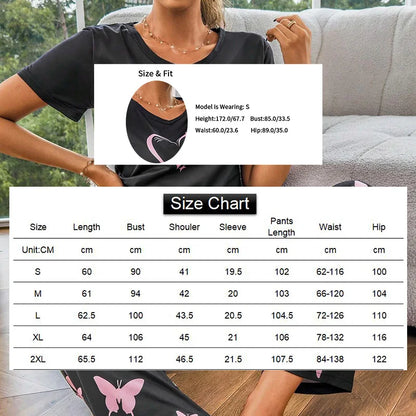 Cralom Women's Butterfly & Heart Printed Pajama Set - Soft Short Sleeve Crew Neck Tops & Elastic Waist Pants