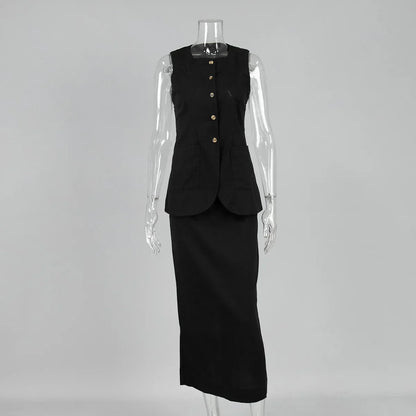 Cralom Sleeveless Vest & High Waisted Skirt Set for Office Ladies