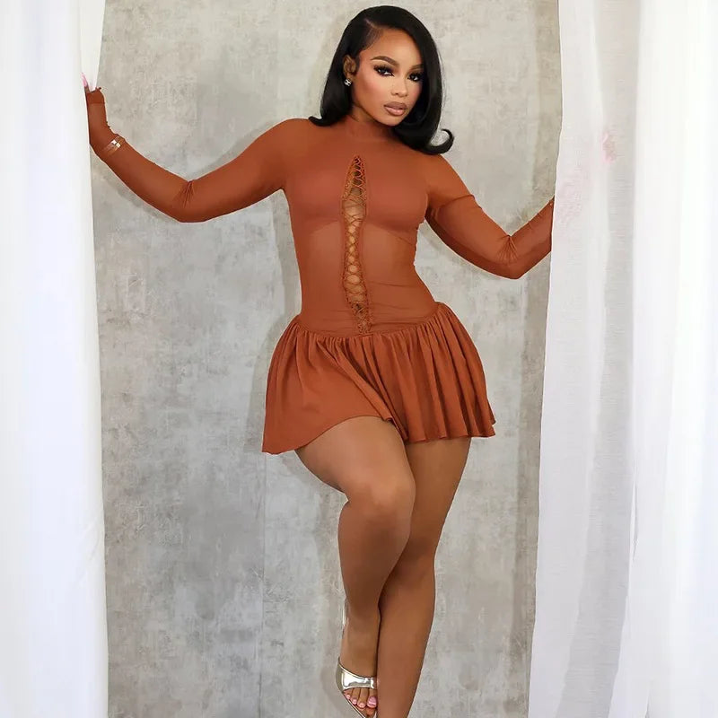 Cralom Long Sleeve Mesh Bodycon Mini Dress - Sexy Evening Night Club Style