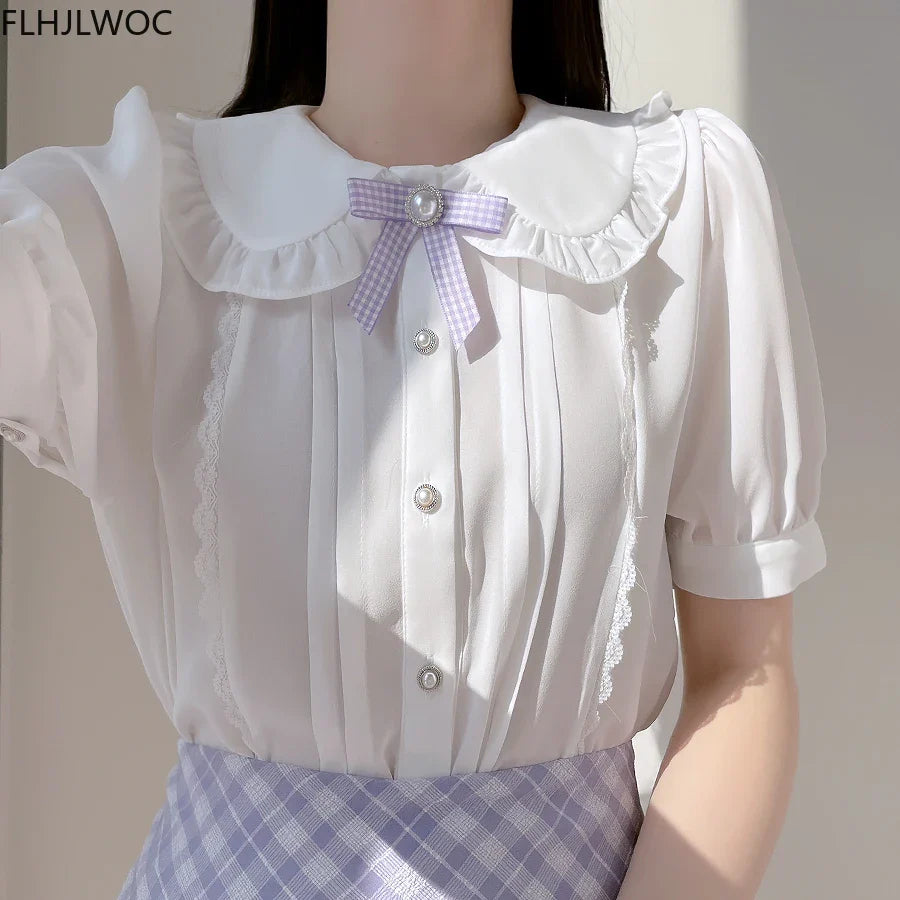 Cralom Sweet Girls Ribbon Bow Tie Blouse Light Blue Ruffles Lace Button Shirt