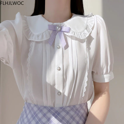 Cralom Sweet Girls Ribbon Bow Tie Blouse Light Blue Ruffles Lace Button Shirt