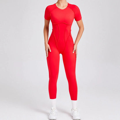 Cralom Seamless Backless Yoga Bodysuit - Short Sleeve Long Pants