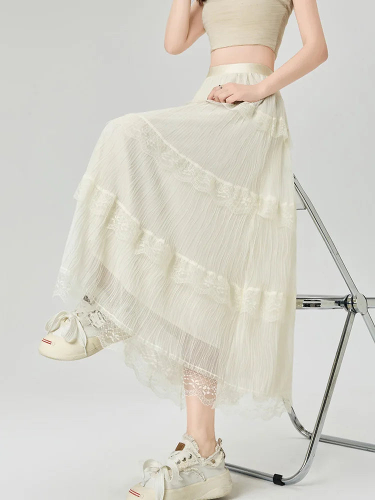 Cralom Lace Spliced A Line High Waist Pleated Skirt 2025 Elegant Summer Fashion