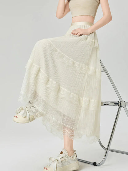 Cralom Lace Spliced A Line High Waist Pleated Skirt 2025 Elegant Summer Fashion