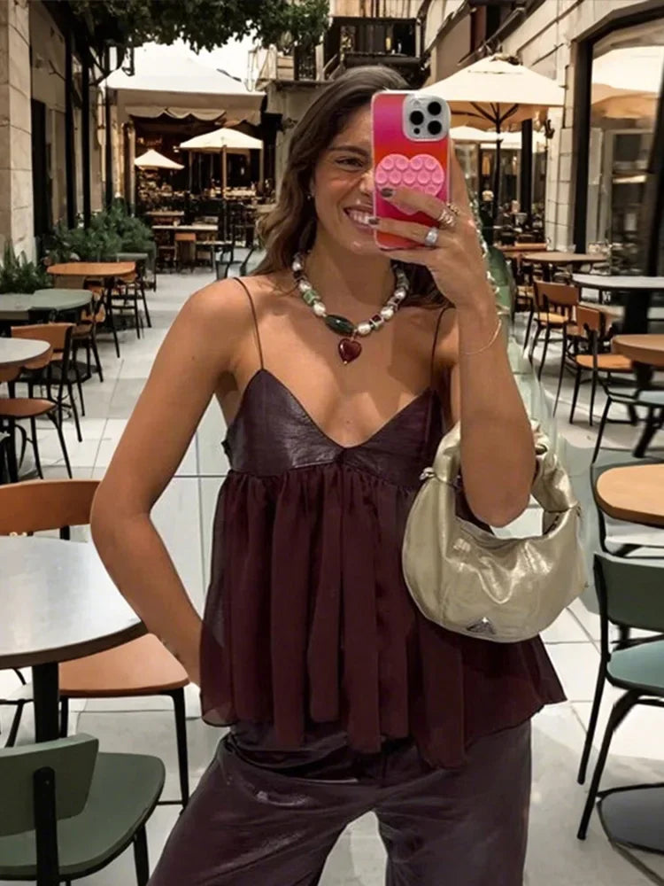 Cralom Patchwork Leather Vest: Sleeveless V-Neck Tank Top for Women