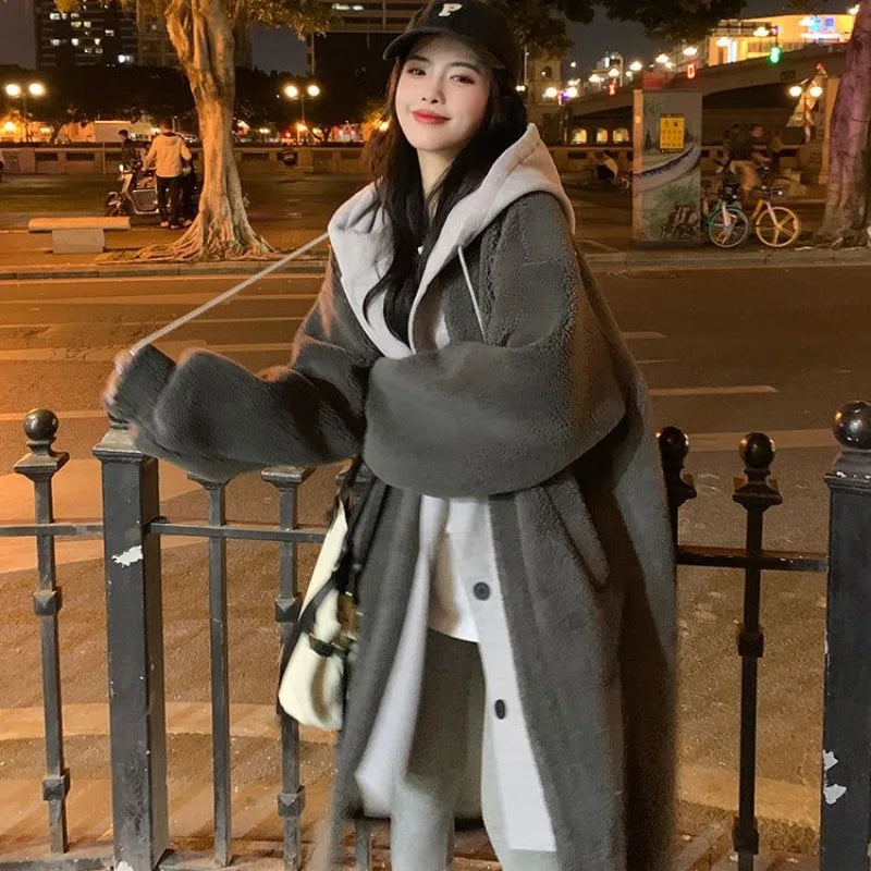 Cralom Imitation Lambswool Long Coat with High Hood, Korean Style Two-piece Design