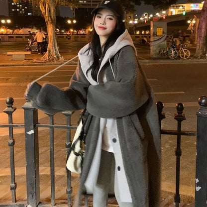 Cralom Imitation Lambswool Long Coat with High Hood, Korean Style Two-piece Design