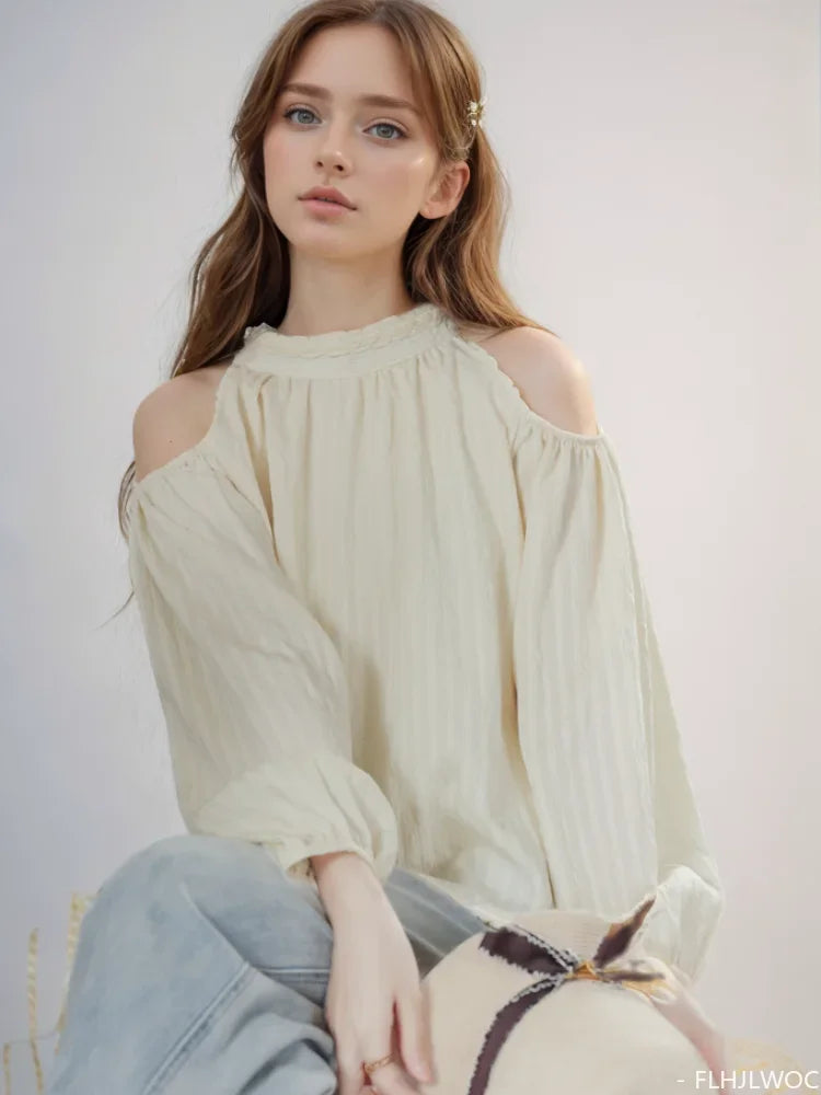 Cralom Off Shoulder Puff Sleeve Lace-Up Blouse