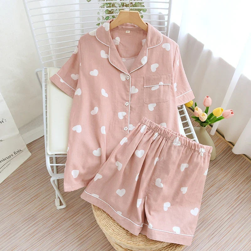 Cralom Heart Print Pajama Set Soft Breathable Fabric Comfortable Short Sleeve Button Top Matching Shorts