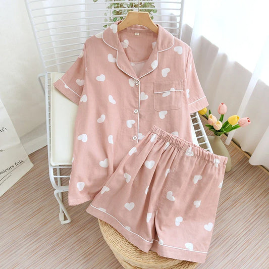 Cralom Heart Print Pajama Set Soft Breathable Fabric Comfortable Short Sleeve Button Top Matching Shorts