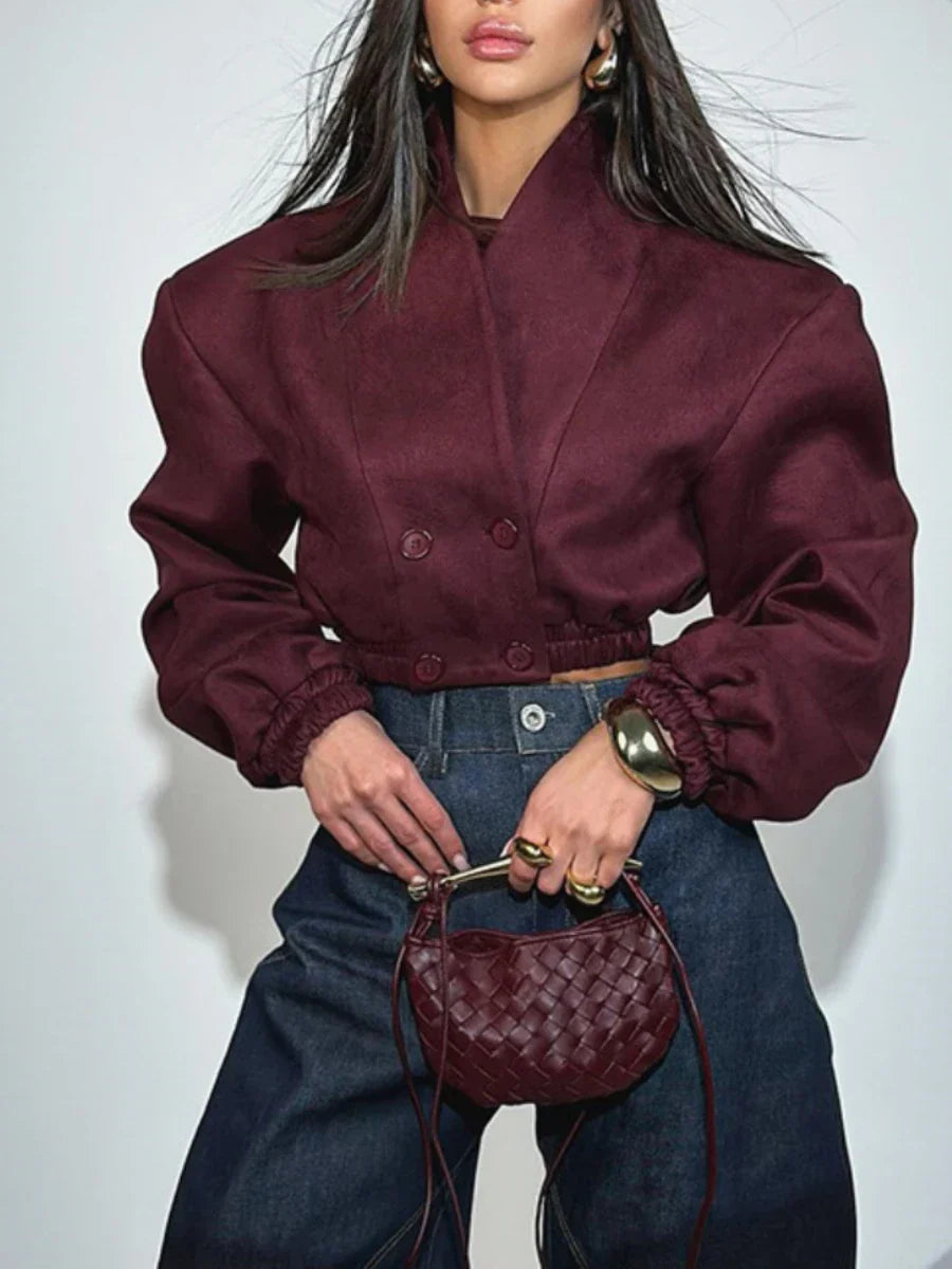Cralom Winered Retro Slim Coat V Neck Double Breasted Short Jacket Women's Fashion