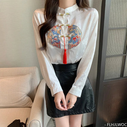 Cralom Stand Collar Bow Tie Embroidery Blouse - Chic Retro Vintage Button White Shirt