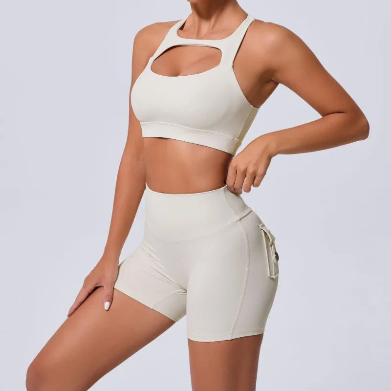 Cralom Yoga Sets: Peach Hip-lifting Shorts & Cross Back Vest for Women