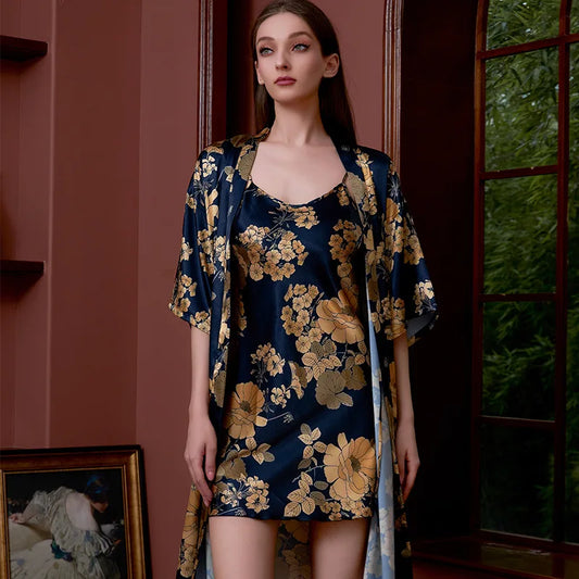 Elegant Floral Print Satin Pajama Set with Robe, Dress, and Suspender - Cralom