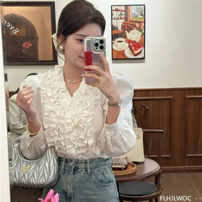 Cralom 2024 Autumn Chic White Button Blouse Solid Korea Fashion Tops.
