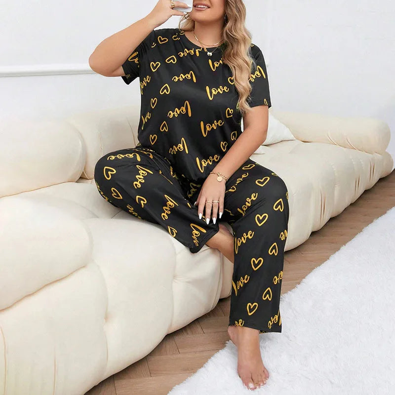 Cralom Satin Heart Print Pajama Set, Plus Size, Short-Sleeve Top and Pants, Relaxed Fit
