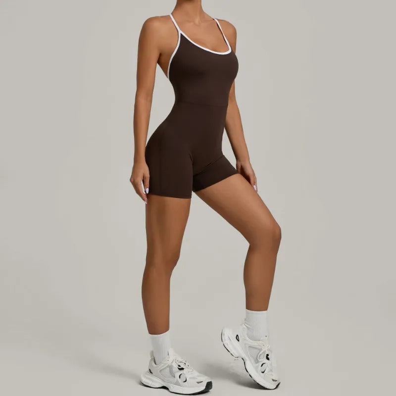 Cralom Color Block Yoga Jumpsuit for Women: Cross Strap, Push-Up, Butt-Lifting Bodysuit