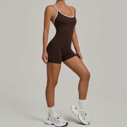 Cralom Color Block Yoga Jumpsuit for Women: Cross Strap, Push-Up, Butt-Lifting Bodysuit