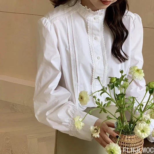 Cralom Retro Lace Button Blouse Women's Long Sleeve Stand Collar Top