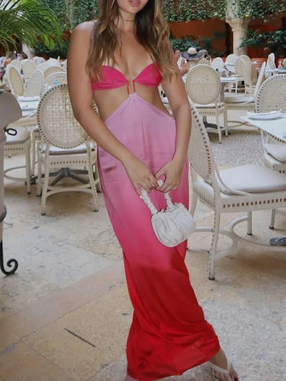 Cralom Satin Tie Dye Hollow Out Backless Straps Robe Dress